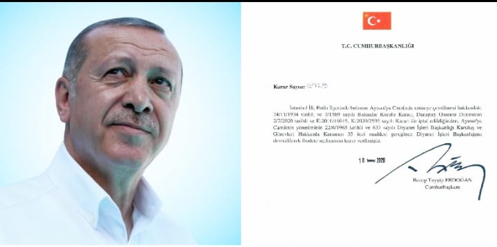 Cumhurbaşkanı Recep Tayyip Erdoğan @RTErdogan : “Ayasofya Camii’nin yönetiminin Diyanet İşleri Başkanlığına devredilerek ibadete açılmasına karar verilmiştir. Hayırlı olsun.”