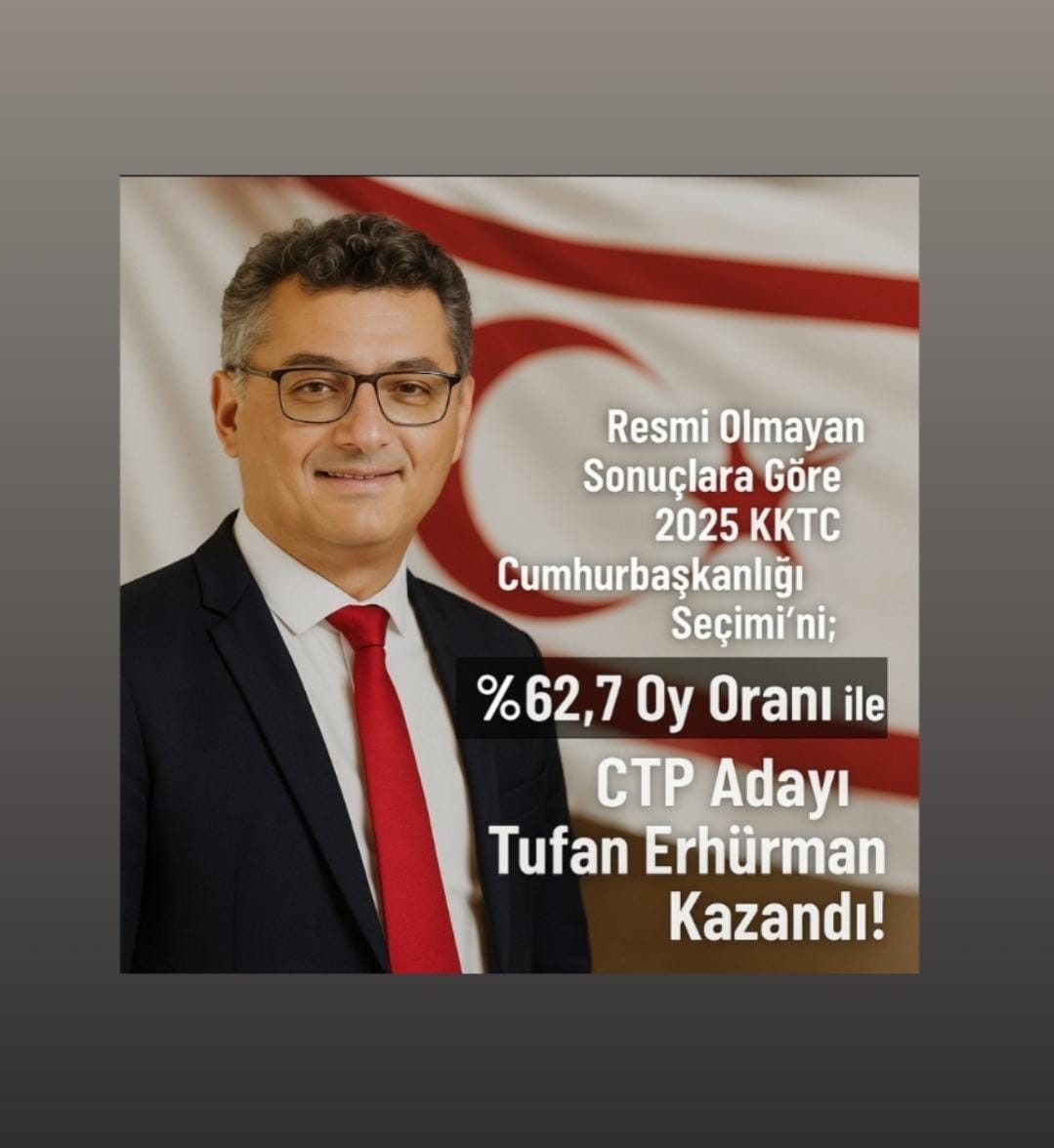 Resmi Olmayan Sonuçlara Göre 2025 KKTC Cumhurbaşkanlığı Seçimi’ni; %62,7 Oy Oranı ile CTP Adayı Tufan Erhürman kazandı!